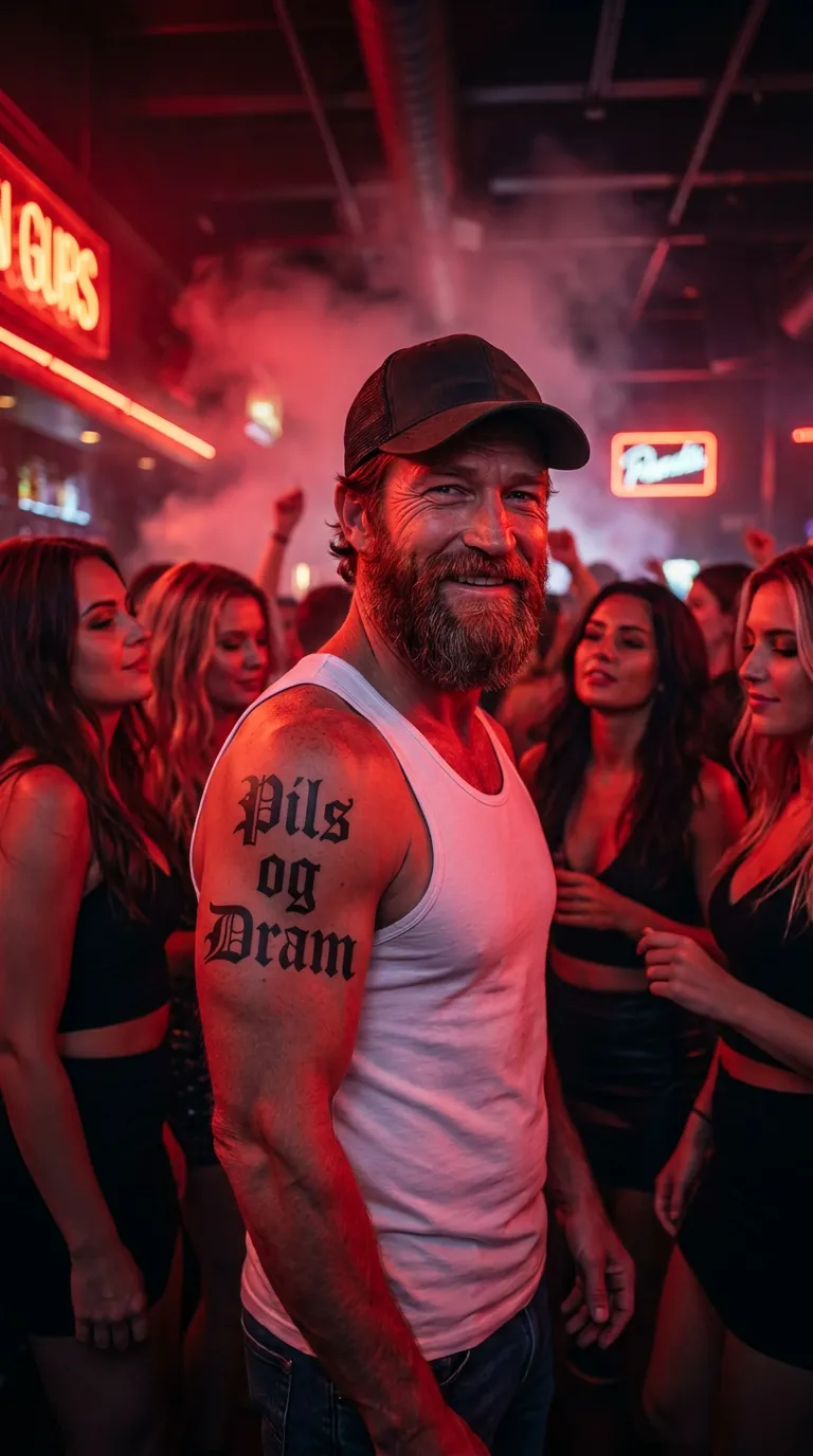 Grøftefyll — AI-artist i en festscene med caps, hvit singlet og «Pils og Dram»-tatovering.